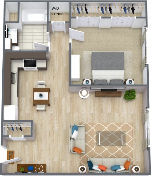 Floor plan for 1 bed, 1 bath, 985 sqft